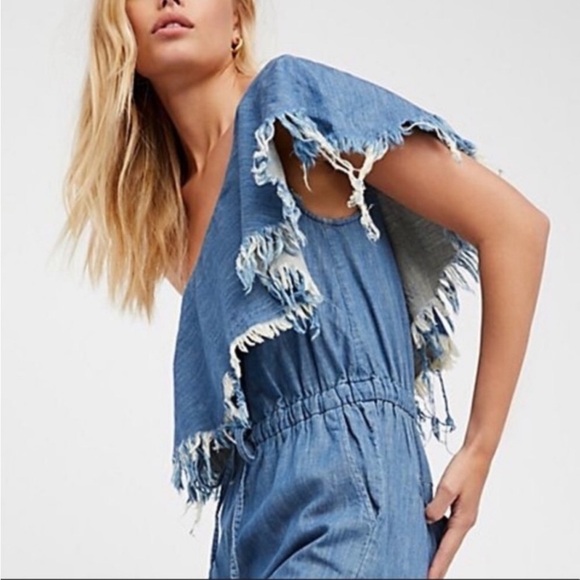 Blank NYC Making Waves Cotton Jumpsuit XS Frayed One Shoulder Back Cutout Pants - Picture 5 of 16